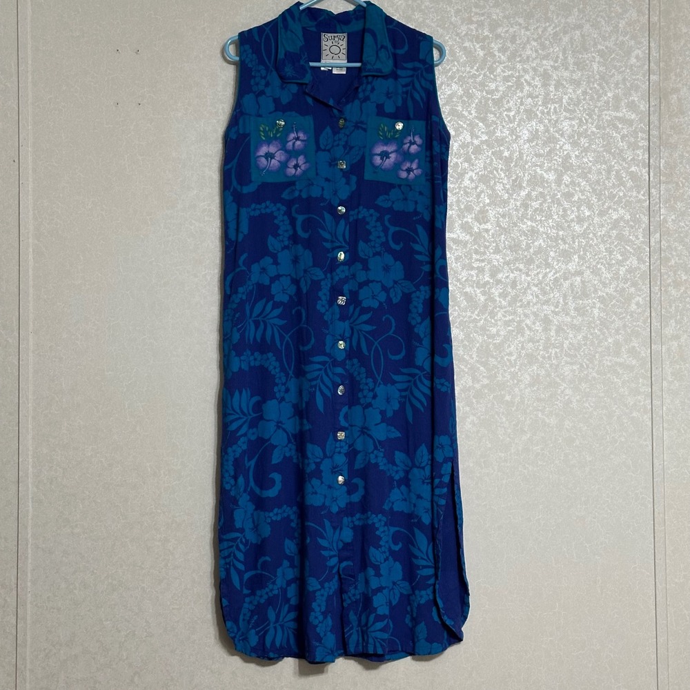 Surya Blue Purple Hawaiian Beaded Floral Maxi Dress Sleeveless Button Down M / L